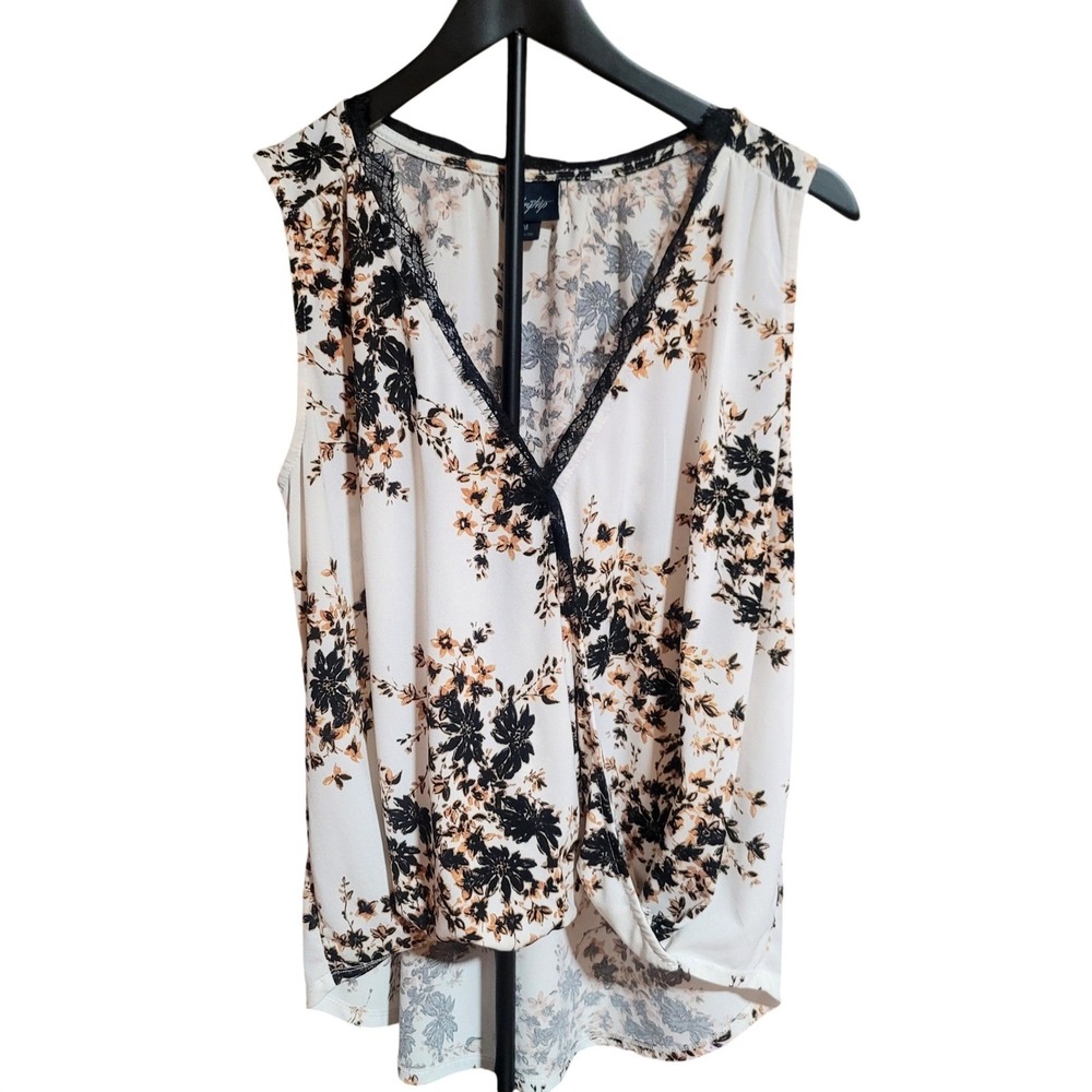 Floral Sleeveless V-Neck Blouse in White with Black and Tan Print